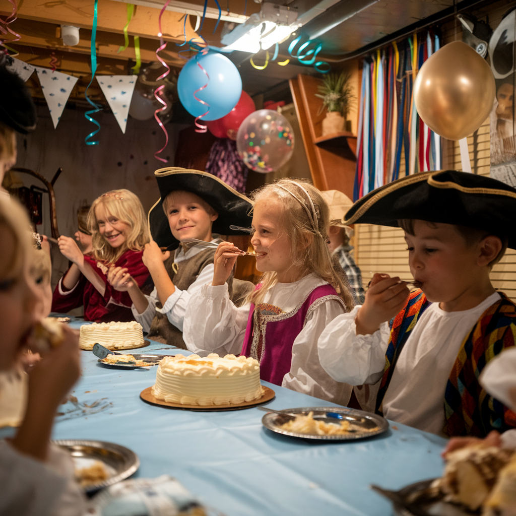 Fröhliche Szene eines Kindergeburtstags im Bremer Geschichtenhaus: Kinder in historischen Kostümen sitzen an einem festlich dekorierten Tisch mit blauer Tischdecke. Sie essen Kuchen, umgeben von Luftballons, Girlanden und festlicher Dekoration. Im Hintergrund sind bunte Bänder und fröhliche Gesichter zu sehen.