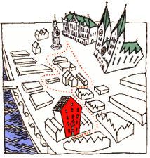 Comicartiges Bild des Bremer Schnoors. Ein rot markierter Weg führt vom Domplatz mit den Domtürmen und dem Bremer Rathaus zum Bremer Geschichtenhaus, das als rotes Gebäude hervorgehoben ist. Im Hintergrund sind stilisierte Gebäude und die Weser erkennbar.